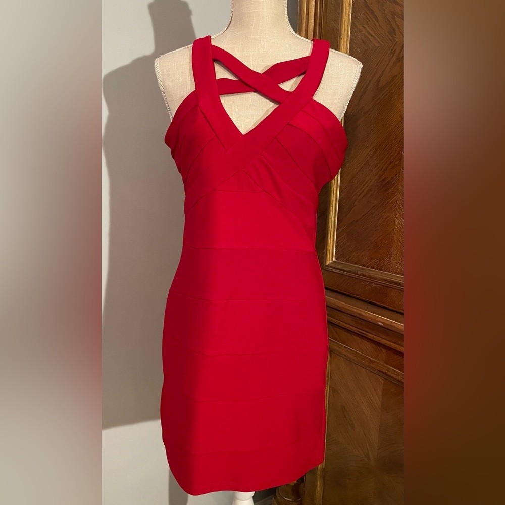 Ruby Rox Sapphire Dolls red v-neck bandage mini mesh inset bodycon dress, 11